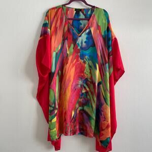 Natori Slip Nightgown Women M Orange Rainbow Kimono Midi Satin Casual Nightshirt